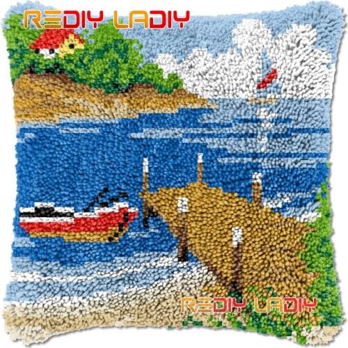 Latch Hook Cushion Coast Scenery DIY Needlepoint Kits Chunky Acrylic Yarn Arts Crocheting Lofty Pillow Case Hobby & Crafts