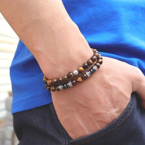 Fashion 2pcs/pair Men Bracelet Set Gothic Evil Eye Braslet 6mm Natural Volcanic Rock Braclet Hematite Beads Matching Brazalete
