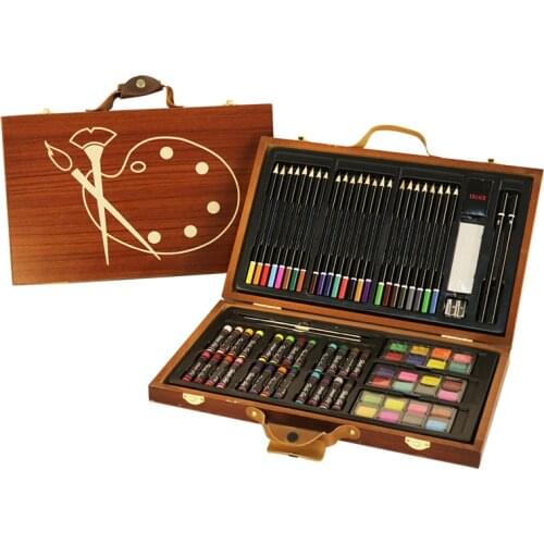 85pcs Children Painting Set Drawing Brush Elementary Water Color Pen Art Markers Wood Box Set