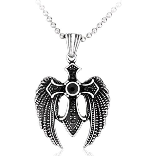 Stainless steel black stone feather pendant necklace men cool popular charm jewelry for gift
