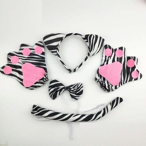Women Boy Girl Zebra Headband Tail Tie Paw Gloves Animal Cosplay Costume Set Kids Adults Party Halloween Christmas
