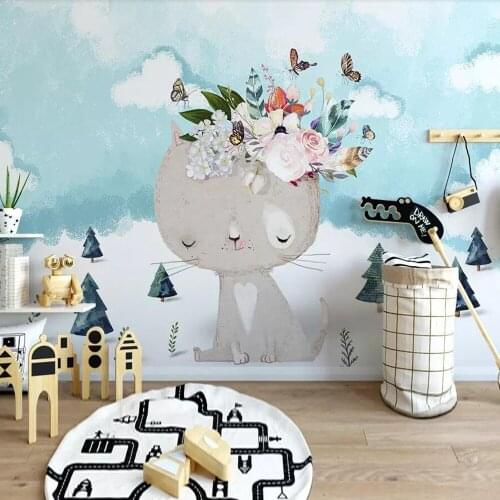 Milofi custom 3D photo wallpaper Nordic modern cartoon kitten flower childrens room background wall decoration mural wallpaper