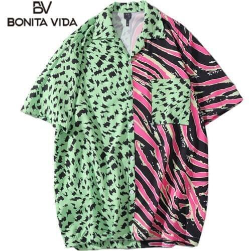 Bonita Vida Zebra Stripes Leopard Dots Print Color Block Patchwork Pocket Short Sleeve Hawaiian Shirts Summer Casual Button Tops