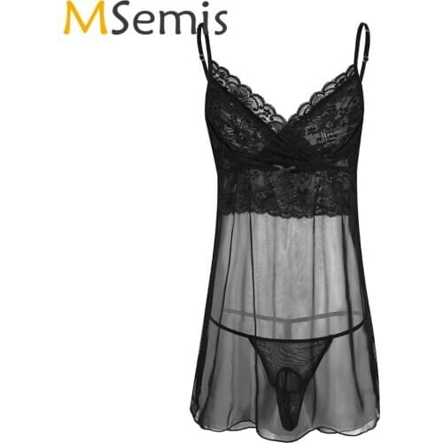 Sexy Babydoll Lingerie Mens Sissy Erotic Transparent Sleepwear See Through Mesh Mini Lace Dress+Thong Hot Gay Chemises Nightwear