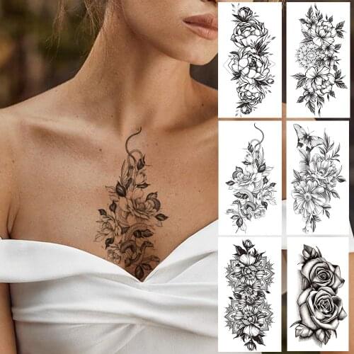 Snake Flower Fake Temporary Tattoo For Women Mehndi Henna Tattoos Sticker Realistic Mandala Camellia Chest Daisy Bloosom Tatoos