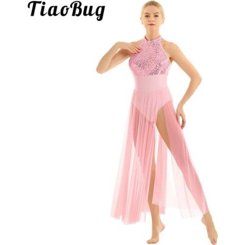 TiaoBug Shiny Sequins Women Ballet Tutu Leotard Mesh Long Dress Adult Sleeveless Ballroom Contemporary Lyrical Dance Costumes