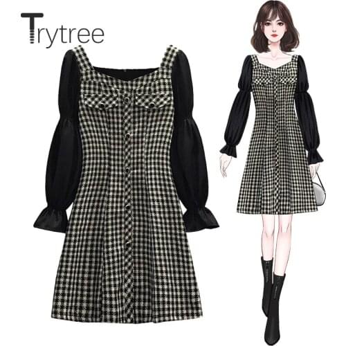 Trytree 2021 Spring Womens Dress Casual Square Collar Pockets Plaid Patchwork Puff Sleeve Zip A-line Mini Shirt Black Dress
