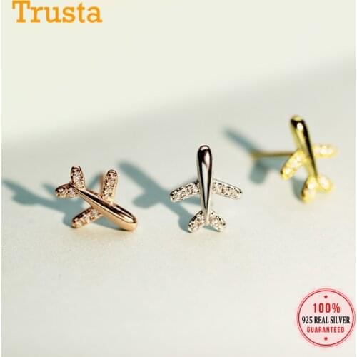 Trustdavis Authentic 100% 925 Sterling Sweet Plane Airplane Dazzling CZ Stud Earrings for Women Girls Kids Lady Jewelry DA305
