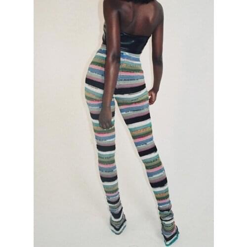 High Waist Women Skinny Leggings Knitted Stretch Contrast Striped Pants Fashion Long Trousers Fitness Seamless Female Bodyon