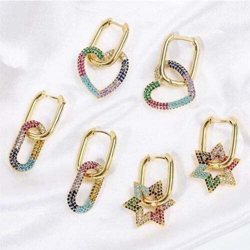 High Quality Female Trendy Gold Color Copper Metal Multicolor Cubic Zirconia Star Oval Heart Drop Earrings For Women Jewelry