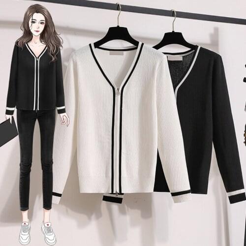 Black White Striped Plus Large Size Oversize Korean Style Fashion Cardigan For WomenS Ladies Sweater Autumn Winter 2021 Clothes