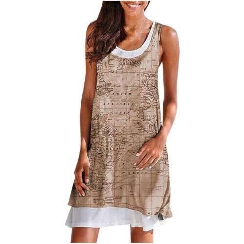 Women Summer Dress Map Print Sleeveless Tank Dress Flowy Dresses Female One Piece Costume платье Beach Clothes летнее женское g4