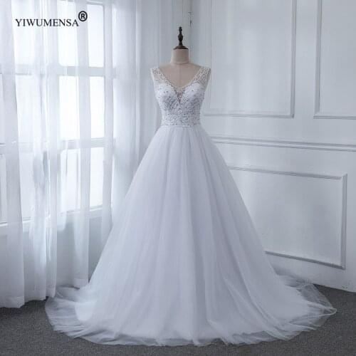A44 New Crystals Beading Backless Beach Wedding Dresses Puffy Tulle Sexy Backless Bohemian Simple Bride Dresses Custom Made Gown