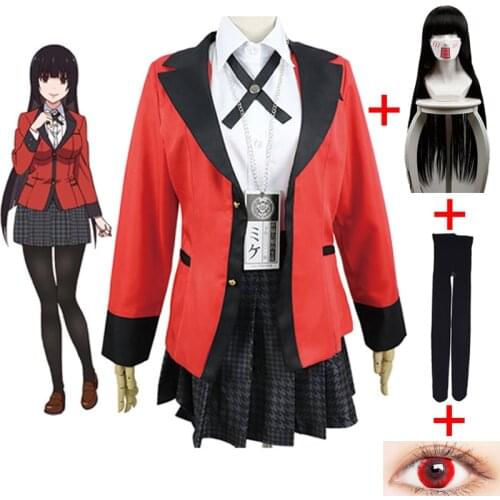 Anime Kakegurui Jabami Yumeko Full Set Cosplay Costumes Includes Wig Socks Cosmetic Contact Shoes Yomoduki Runa Cosplay Clothes