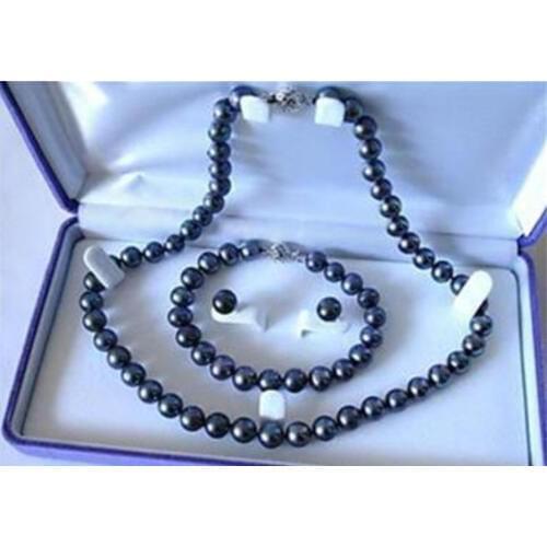Free shipping Miss charm Jew.32 7-8mm Black Freshwater Cultured Pearl Necklace Bracelet Earring Set (NO BOX)