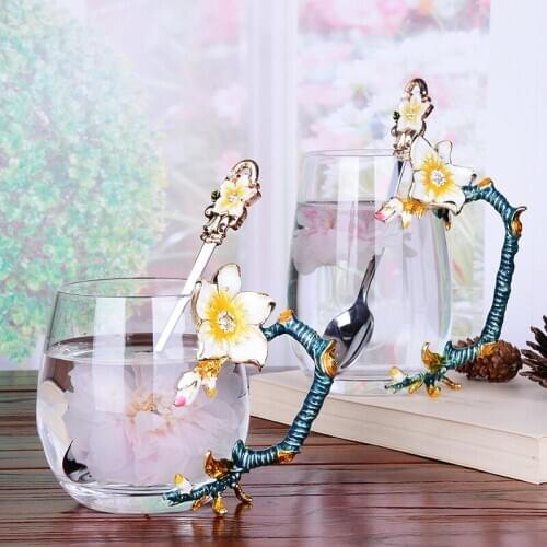 Cerative Enamel Coffee Cup water Mug Flower Tea Glass cup Milk Cups Alloy Handgrip milk Cups and Mugs nice Gift