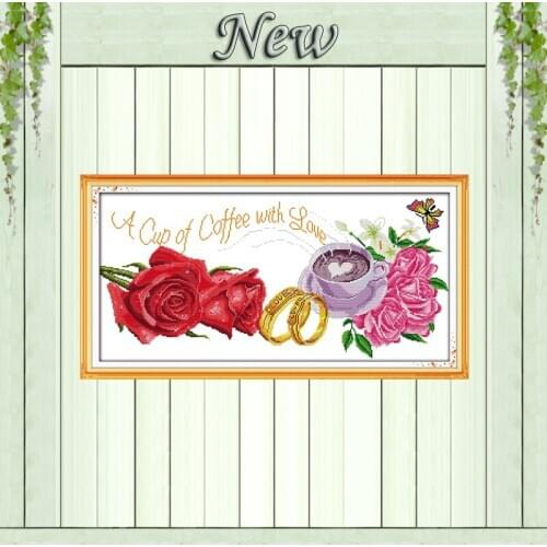 Cup of coffee with love rose ring paintings counted printed on canvas Cross stitch DMC 14CT 11CT Needlework Sets Embroidery kits