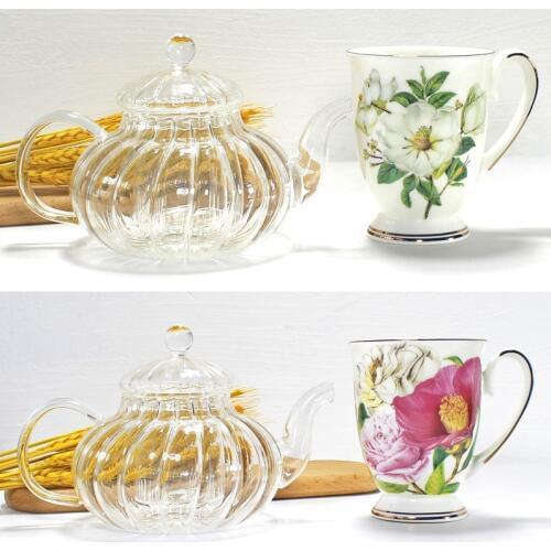 2pcs set, pumpkin glass tea pot and bone china coffee cup set, for tea party, tazza coffe set, vintage espresso service a cafe