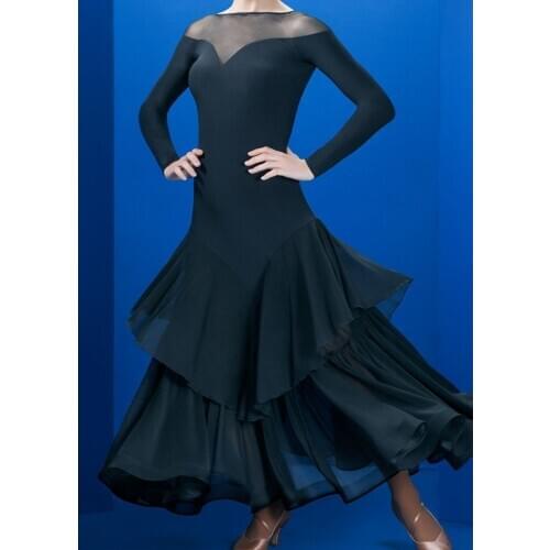 Black Pool Adult Modern Dance Dress W18017 Long Sleeve Dress Ballroom Dancing Will Pendulum Skirt Around V Type