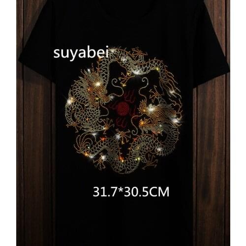 Two dragons playing with a ball hot fix rhinestones motif iron on crystal transfers design iron on applique patches for shirt