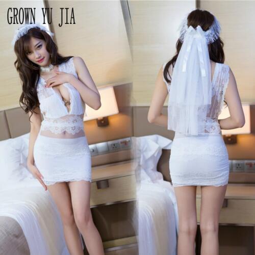 Erotic White Bride Wedding Dress Cosplay Porn Women Hot Babydoll Sexy Sling Lingerie Porno Lace Wedding Uniforms Sex Play Skirt