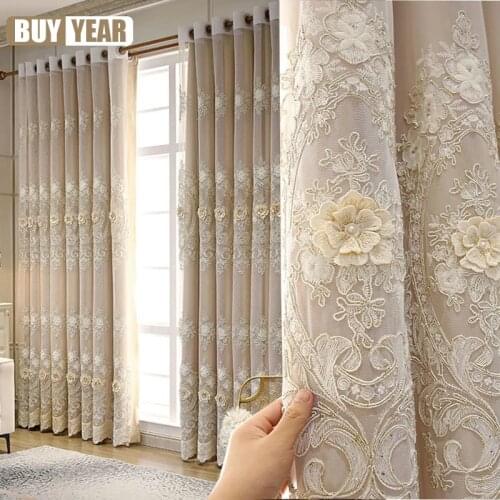 European Luxury Embroidered Embossed Tulle Curtain High-end Imitation Satin Curtains For Living Room Bedroom Royal Home Decor#4