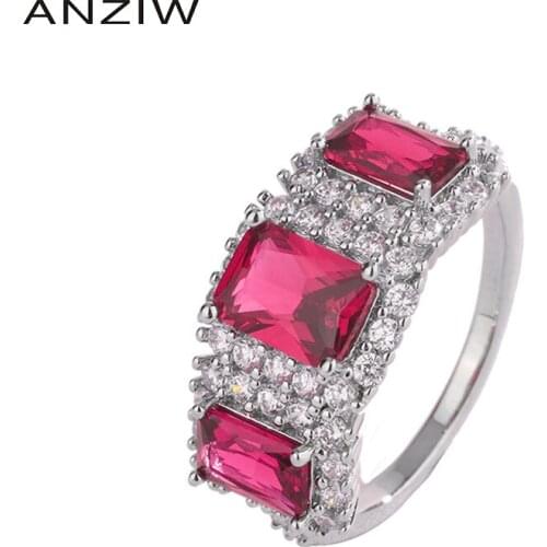ANZIW Sterling Silver Radiant Cut Lab Created Ruby Classic Three Stone Engagement Ring For Women Jewelry Gifts