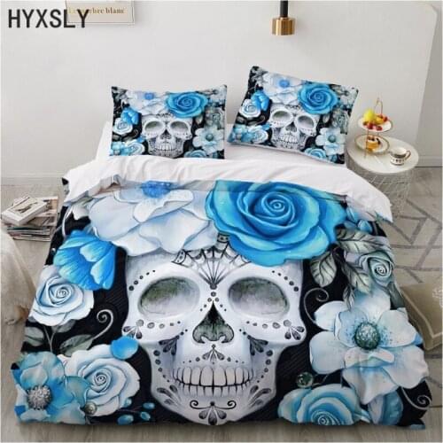 3D Skull Print Duvet Cover Set Blue Flower Bedding Sets King Queen Twin Full Size 1 Duvet Cover with 1/2pc Pillow Case Bedcloth