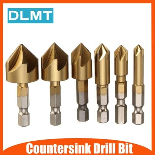 6PC 5 Flute Countersink Drill Bit Set 90 Degree 1/4" High Speed Steel Counter Sink Chamfer Cutter DIY Power Tools #10