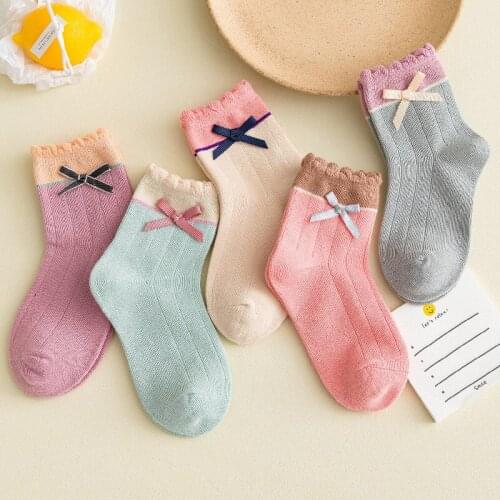 5 Pairs/Lot Spring and Autumn Girls Princess Socks Candy Colors Toddler Baby Bow Cotton Breathable Socks Skarpetki Dla Dzieci