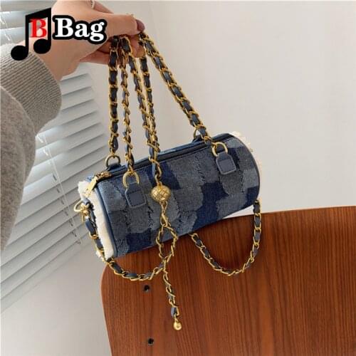 New female Denim stitched pillow bag Girl small golden bead chain shoulder bag simple messenger bag womens Tote Bags