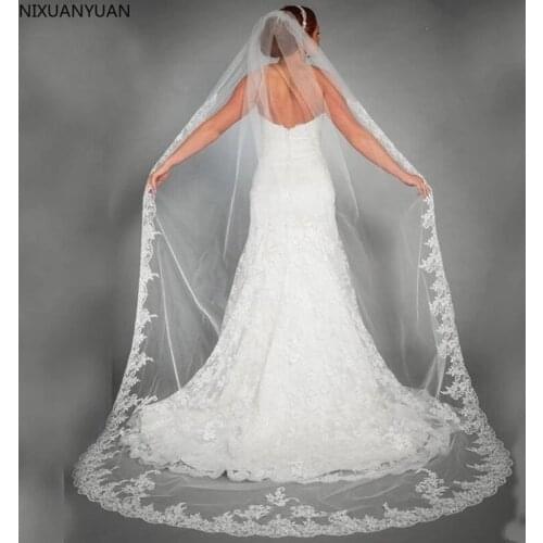 Wholesale Wedding Accessories Appliques Tulle Long Cathedral Wedding Veils Lace Edge 1T Bridal Veils 3 Meters Veu De Noiva Longo