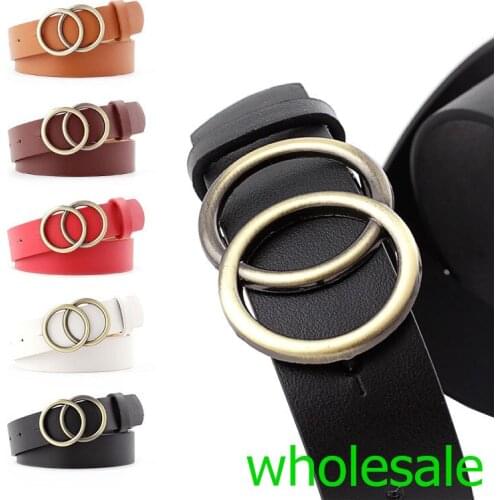 Wholesale Women Fashion New Vintage Gold Double Round Buckle Belt PU Leather Casual Jeans Belts Students Strap Cinto Feminino