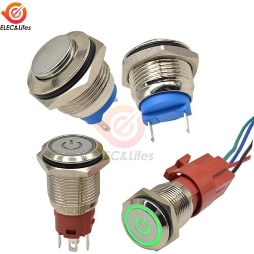 AC 250V 5A 16mm Metal Push Button Switch Waterproof Flat circular button LED light self-reset switch NO Momentary metal switch