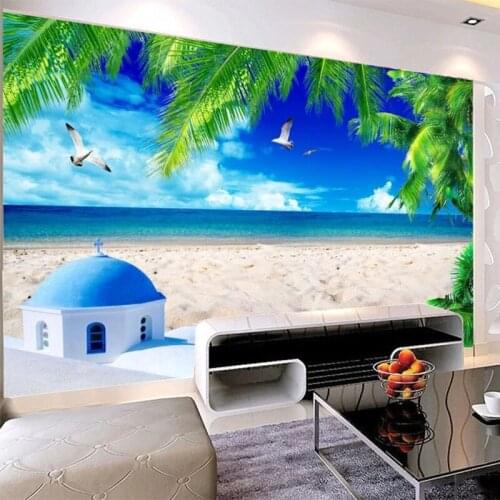 Custom Self-Adhesive Waterproof Mural Wallpaper 3D Sea View Coconut Tree Wall Painting Living Room TV Sofa Bedroom 3D Home Decor