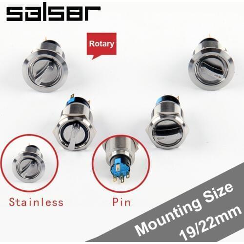 19mm/22mm Rotary Switch Latching Metal Key Button Rotating Head Stainless Steel Waterproof 1NO1NC 2NO2NC Bring Lamp