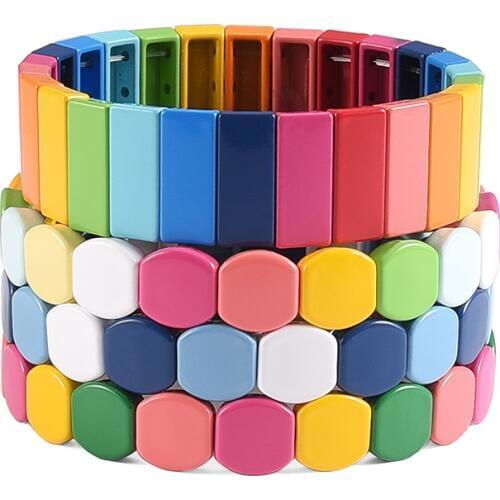 Rainbow Stackable Tile Bracelet Multicolor Enamel Metal Maya Beaded Jewerly Wrap Bracelet Army Candy Stretch Bracelet Set Women