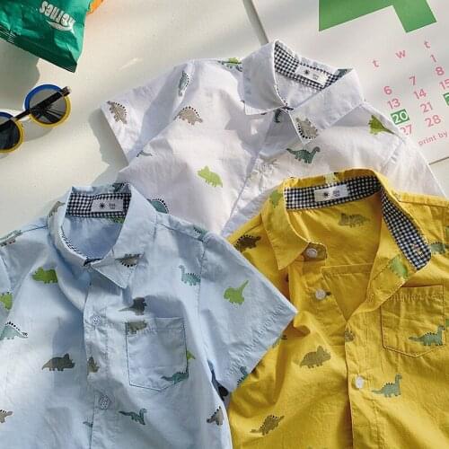 2-8 Years Toddler Boys Shirts 2021 Summer New Kids Cartoon Print Short Sleeve Blouse for Boy Baby Lovely Dinosaur Cotton Shirts