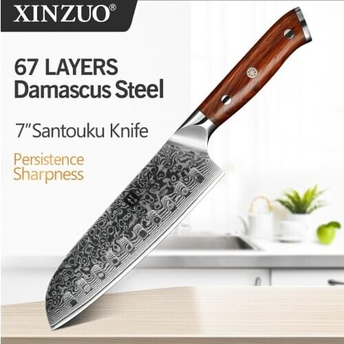 XINZUO 7 inch Santoku Knife Japanese Chef Knife vg10 Damascus Steel Professional Kitchen Knive with Ergonomic Rose Wood Handle