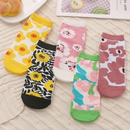 Funny Socks Womens Casual Fashion Floral Printed Boat Ankle Socks Cotton Comfortable Summer Happy Art Japanese Korean Style Hot