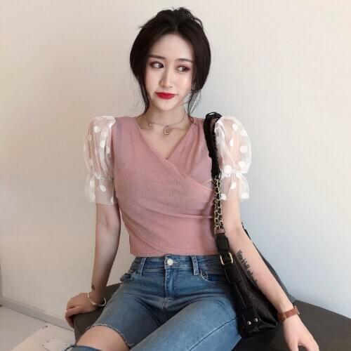 Summer V-neck Shirt Women Mesh Stitch Sweet Wild Knit Tops Short Sleeve T-shirt