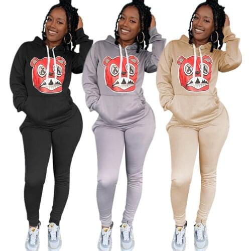 QY5013 lovely Casual Hooded Collar Cartoon Print Grey Two Piece Pants Set two piece outfits for women fall clothes for women