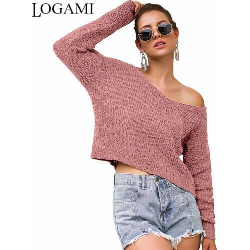 LOGAMI V Neck Knitted Short Sweater Woman Long Sleeve Spring Autumn Casual Pullover Ladies Sexy Crop Top