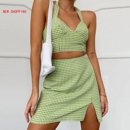 Vintage Green Set Women Bohemia Womens Set Plaid Print Halter Tank Top + Skirt High Waist Mini 2 Pieces Set Crop Top Vestidos