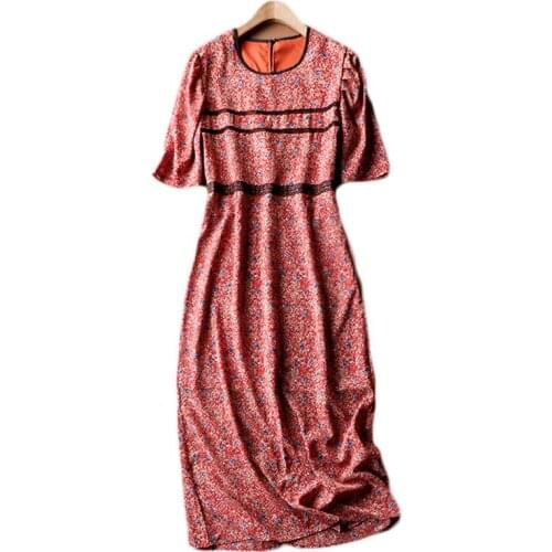 PERHAPS U Women Red Black Floral Print Dress O Neck Empire Zipper Puff Short Sleeve Dress Elegant Summer Female D2371