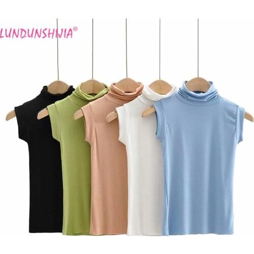 LUNDUNSHIJIA 2020 Spring Autumn Solid Slim Tops Pullovers Bottoming Shirt Female Turtleneck Sleeveless Basic Knitting Tank Tops