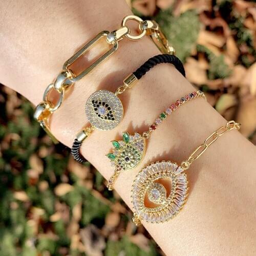 2021 Rainbow CZ Evil-Eyes Jewelry For Women Gold Pendant Charm Crystal Dainty Link Adjustable Statement Bracelet For BFF Gift