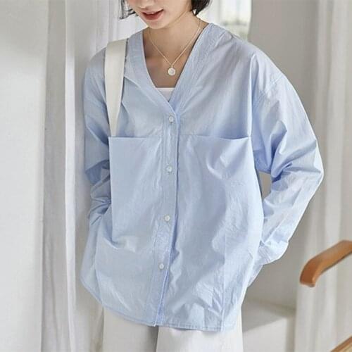 2021 Fashion V-neck Casual Women Blouses Korean Cotton White Shirt Woman Autumn Loose Long Sleeve Button Shirts Tops Blusa 17173