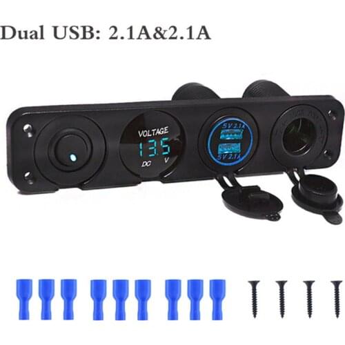 4 in 1 Modification Car Boat Switch Panel for 12 V~24V + Dual USB Socket Charge 2.1 A +LED Digital Voltmeter Switch Panel