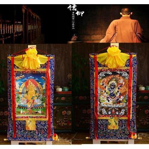 Buddhist supplies 2P--87 CM Thang-ga art efficacious Protection Yellow Jambhala Mahakala Guardian God Buddha Thangka painting